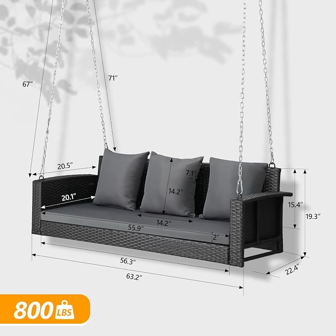 VINGLI Heavy Duty 800 LBS Wicker Hanging Porch Swing - Image 5