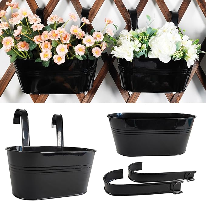 2 Pack Metal Hanging Planter for Outdoor Plants, 10 Inch Black Fence Planters by JOYFERNAL