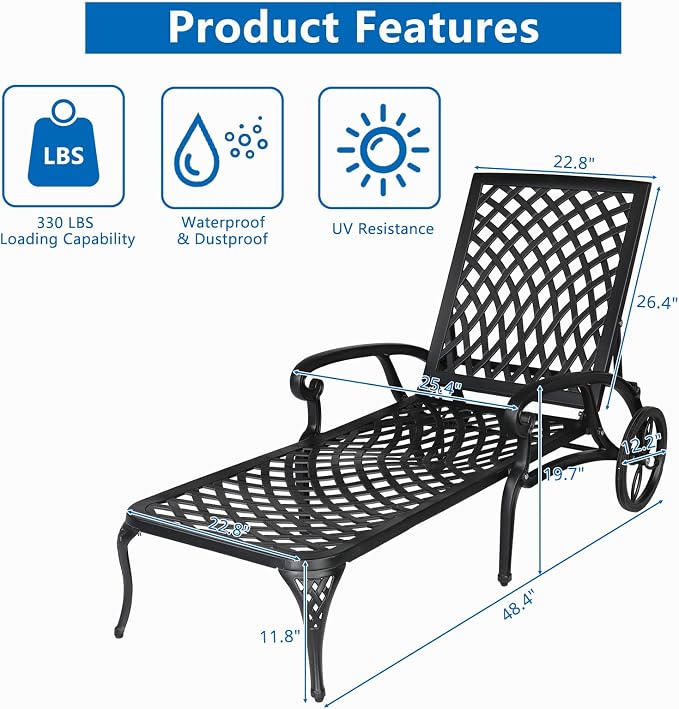 VINGLI Cast Aluminum Outdoor Chaise Lounge Chair - Image 3
