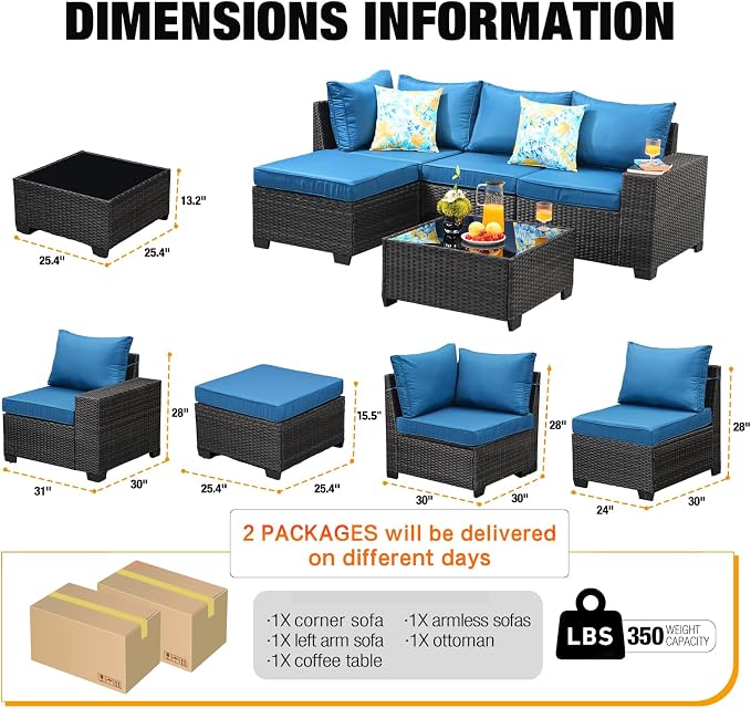 5 Pieces Patio Furniture Set All-Weather Outdoor Wicker Sectional Conversation - Image 3