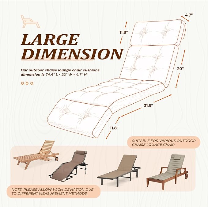 Waterproof Long Lounger Chair Cushion Outdoor Chaise Lounge Chair Cushionswith - Image 3