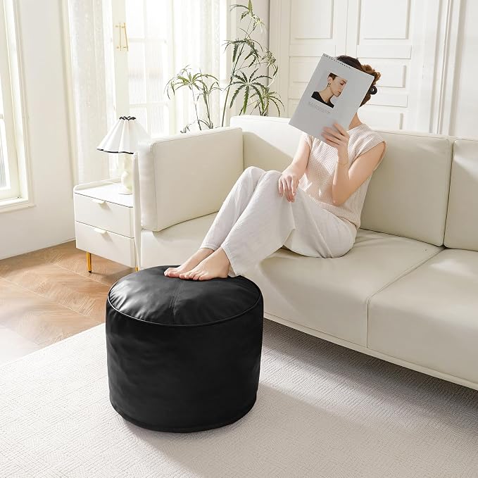 HIGOGOGO Round Stuffed Pouf Ottoman, Pu Leather Poufs - Image 4
