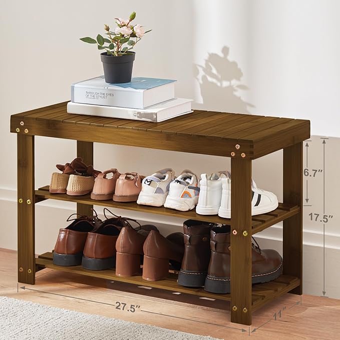 Pipishell Bamboo Shoe Rack Bench, 3 Tier Sturdy Shoe Bench, Storage Shoe - Image 3