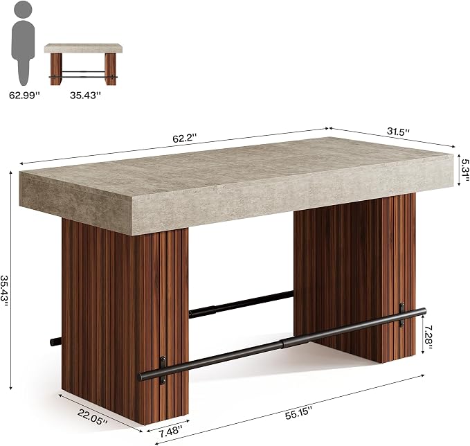 Tribesigns 62.2 Inch Bar Table, Industrial Bar Height Counter Table, - Image 2