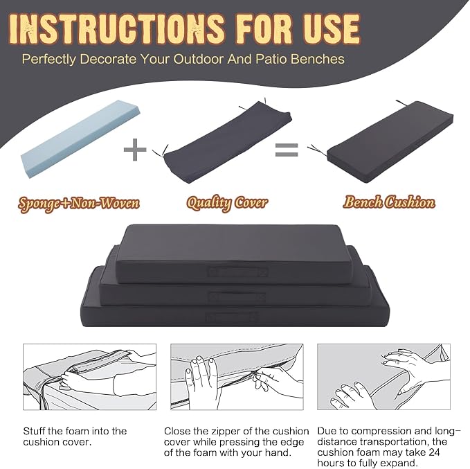 Outdoor Bench Cushion 4 inches Memory Foam Waterproof Patio Furniture Bench - Image 5