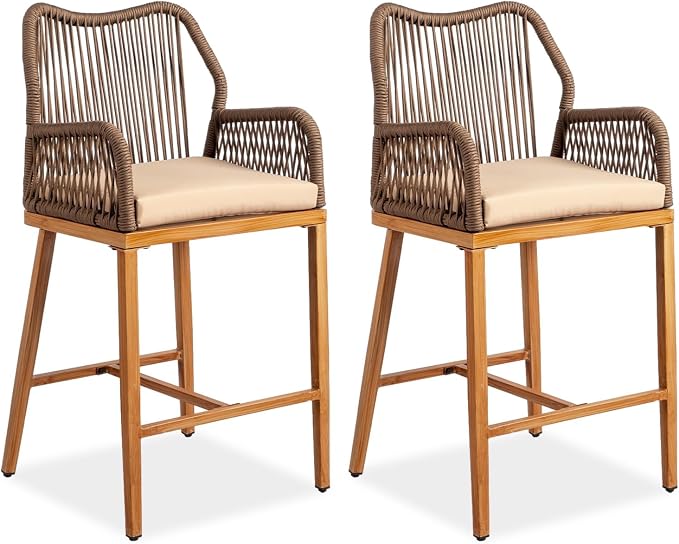 VINGLI Outdoor Counter Height Bar Stools Set of 2, Rattan Outdoor Barstools by VINGLI
