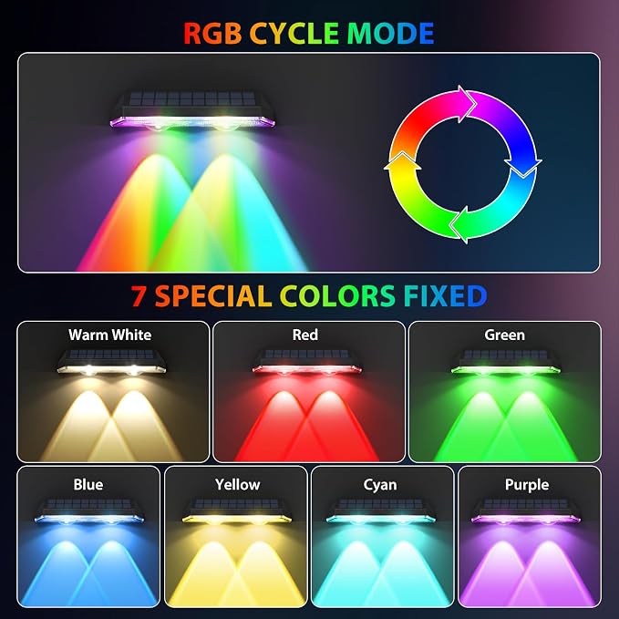 Solar Fence Lights, RGB & Warm White & 6 Colors Bright Lens LED Dusk to Dawn - Image 3