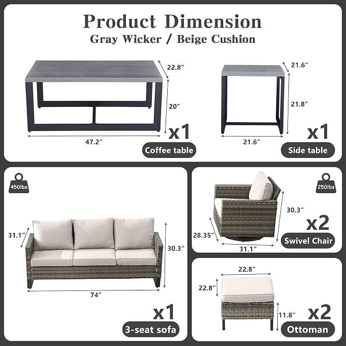 Belord 7 PCS Outdoor Furniture Set, Mixed Grey Wicker, Includes Swivel Rocker - Image 3