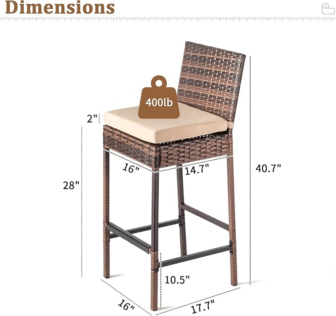 VINGLI Outdoor Wicker Bar Stool Set of 2, Patio Bar Stools w/Cushion, Bar - Image 3