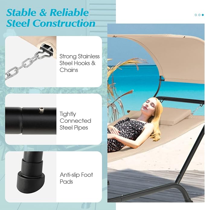 Giantex Hanging Hammock with Stand, Patio Hanging Chaise Lounge Chair w/Canopy - Image 3