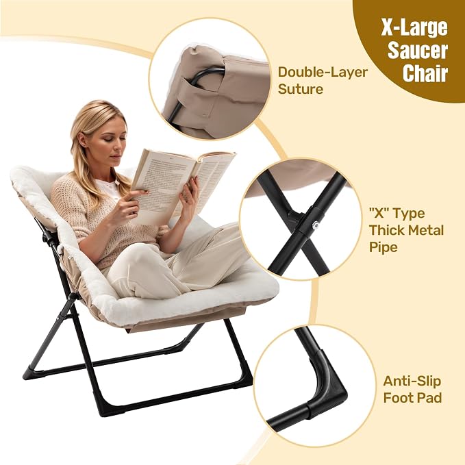 HollyHOME X-Large Saucer Chair, Comfy Oversized Folding Chair, Faux-Fur Reading - Image 5