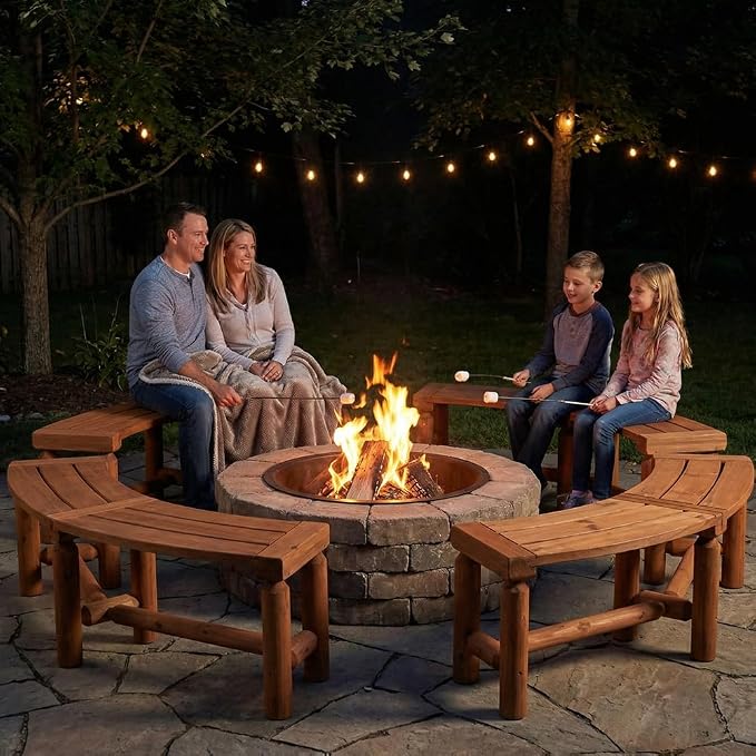 Outdoor Wooden Curved Backless Porch Bench Rustic Style Cedar/Fir Wood Log Fire - Image 3