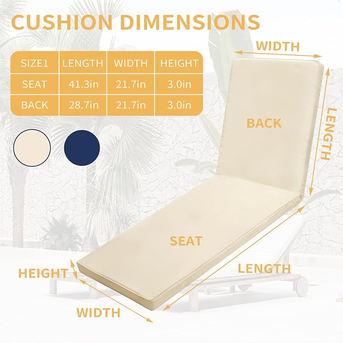 Outdoor Chaise Lounge Cushions for Patio, Waterproof Replacement Seat Cushions - Image 4