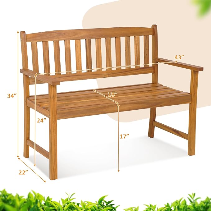 Tangkula Outdoor Acacia Wood Bench, 2-Person Garden Bench - Image 3