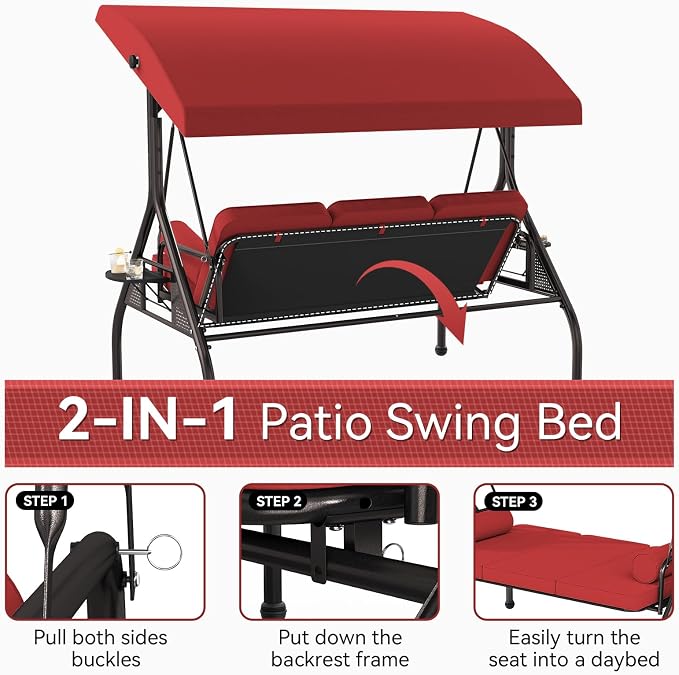 Oakcloud 3-Seat Outdoor Porch Swing, Large Converting Swing Chair - Image 2