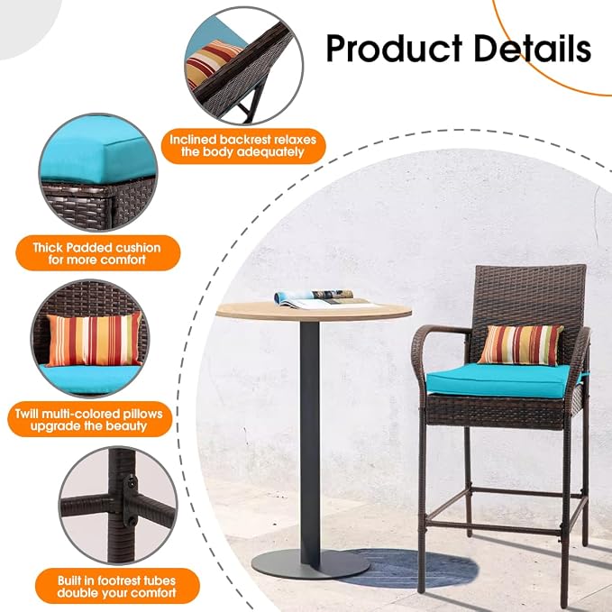 Sundale Outdoor Wicker Bar Stool Set of 4, Patio Counter Height Pub Chair - Image 4