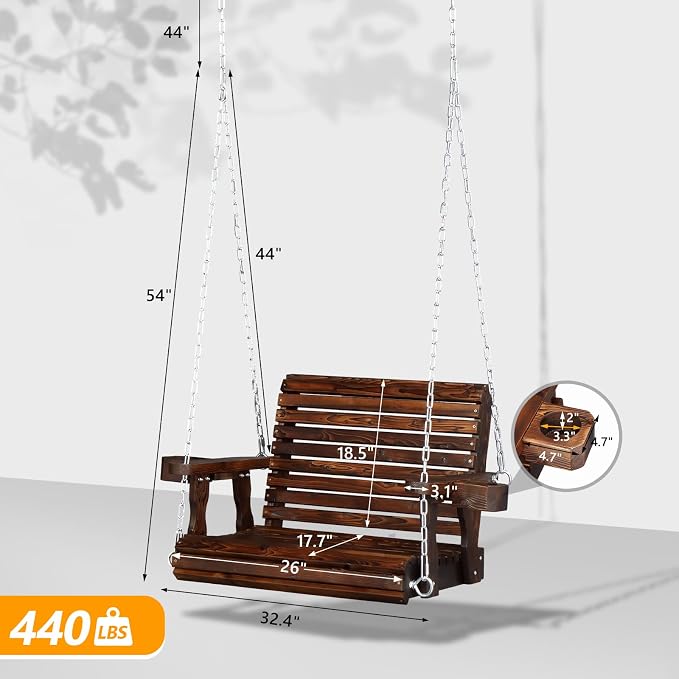 VINGLI Heavy Duty 440 LBS 1-Person Wooden Patio Porch Swing - Image 4