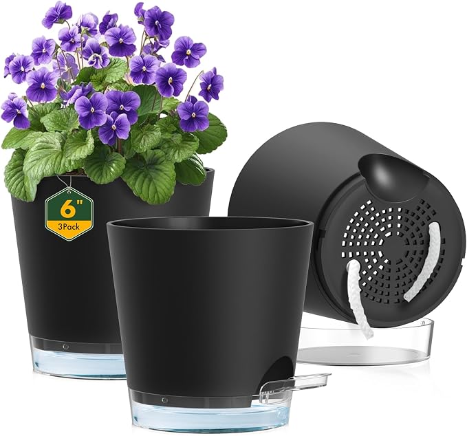 6 inch Self Watering Pots for Indoor Outdoor Plants, 3 Pack Flower Plant Pots by Meowell