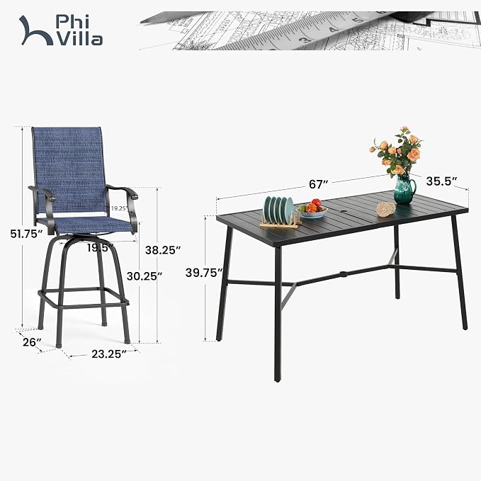 PHI VILLA Outdoor Bar Set, 7 Piece Patio Dining Table and Swivel Bar Stools - Image 9