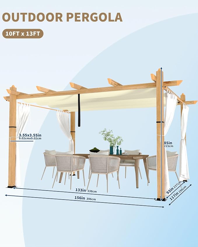 10x13 Ft Outdoor Pergola with Retractable Canopy Aluminum Gazebo Imitation - Image 6