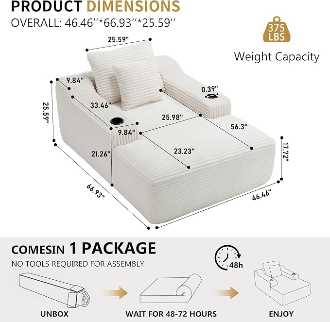 67" Oversized Chaise Lounge Chair Indoor, Soft Boneless Cloud Couch Chair - Image 2