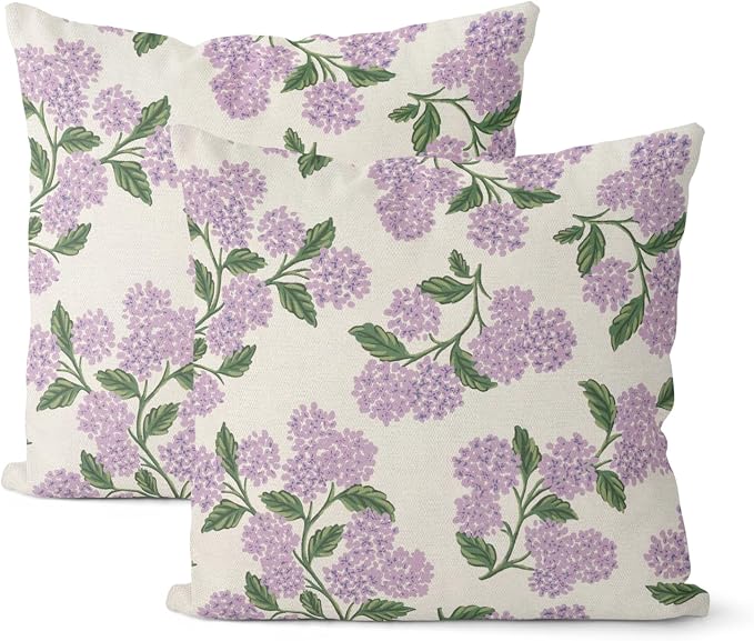 Purple Pink Spring Pillow Covers 16x16 Inch 2 Pcs Green Hydrangea Flower Decor by DAFENA