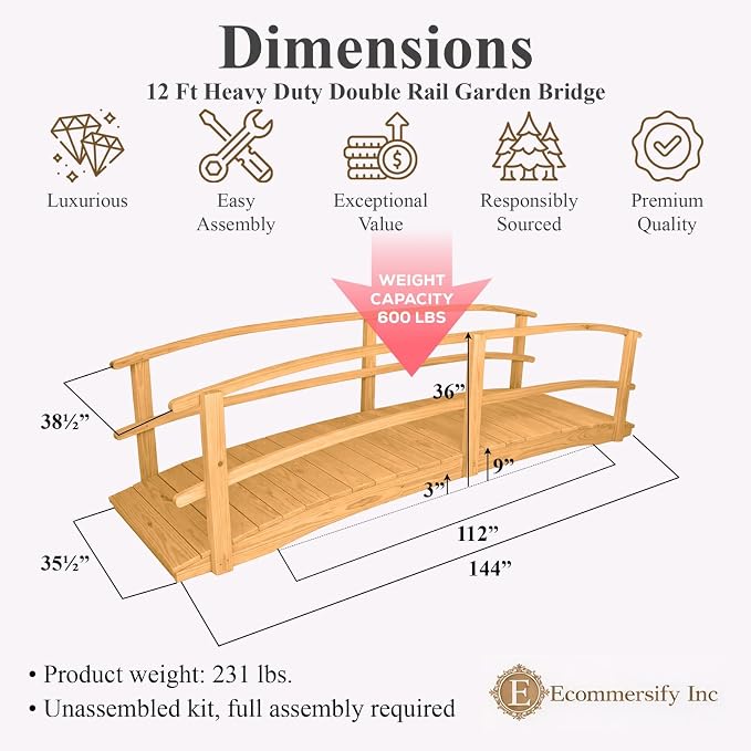 12 FT Oak Amish Made Garden Bridge - Image 2