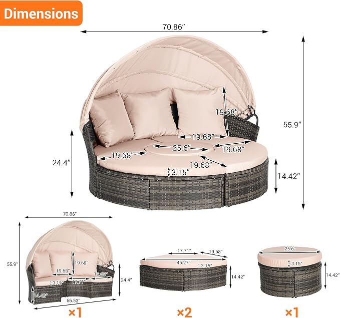 Merax 5 Pieces Outdoor Patio Round Daybed Furniture, All-Weather Wicker - Image 2