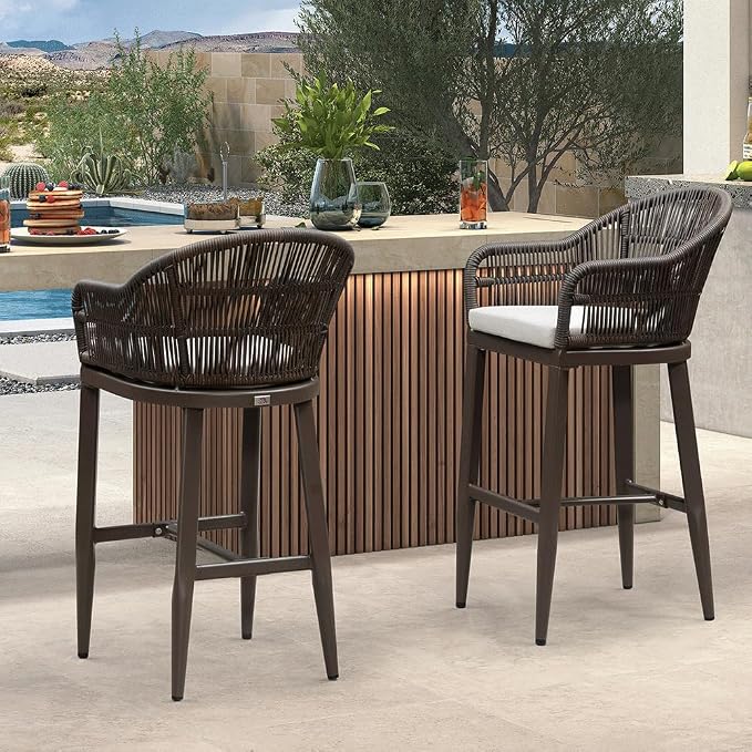 PURPLE LEAF Outdoor Bar Height Stools Set of 2 Patio Metal Modern Wicker Rattan - Image 7