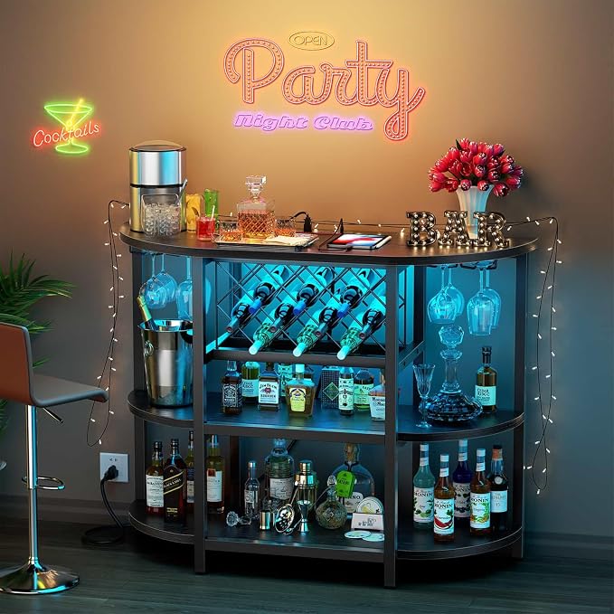 Zarler Bar Cart with Power Outlet Easy to Assemble, LED Home Bar Cabinet - Image 2