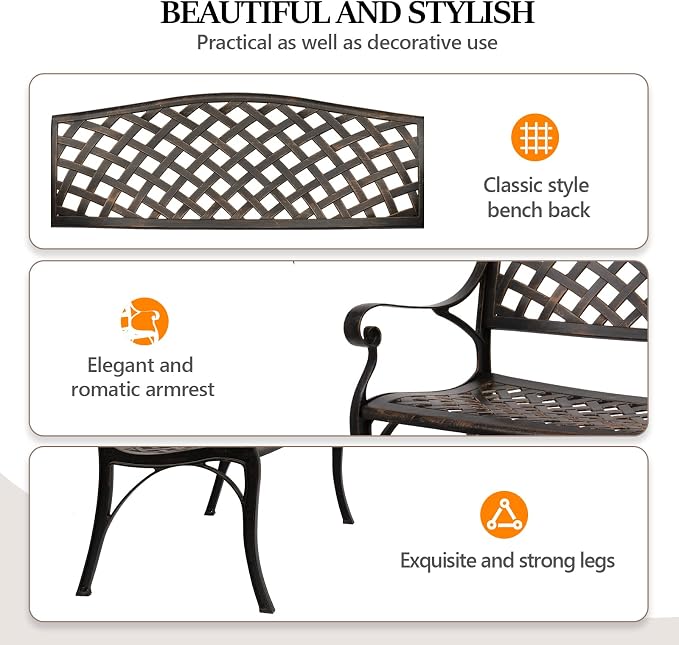 VINGLI 40.5" Patio Garden Bench, Anti- Rust Cast Iron Cast Aluminum Frame - Image 4