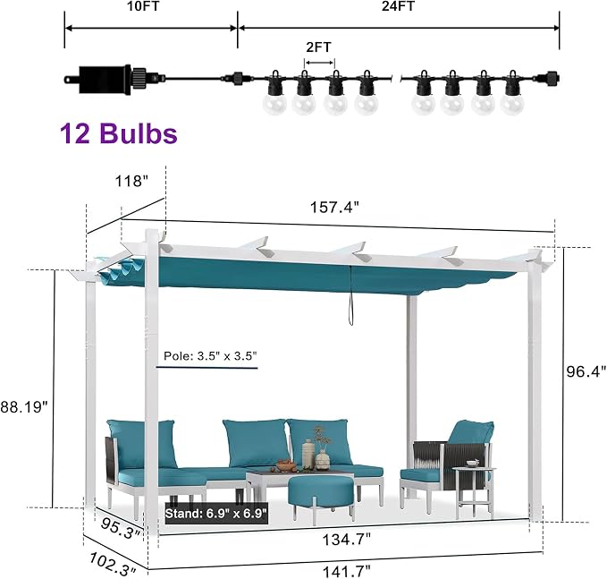PURPLE LEAF 10' x 13' Outdoor Aluminum Pergola White Heavy-Duty Retractable - Image 6