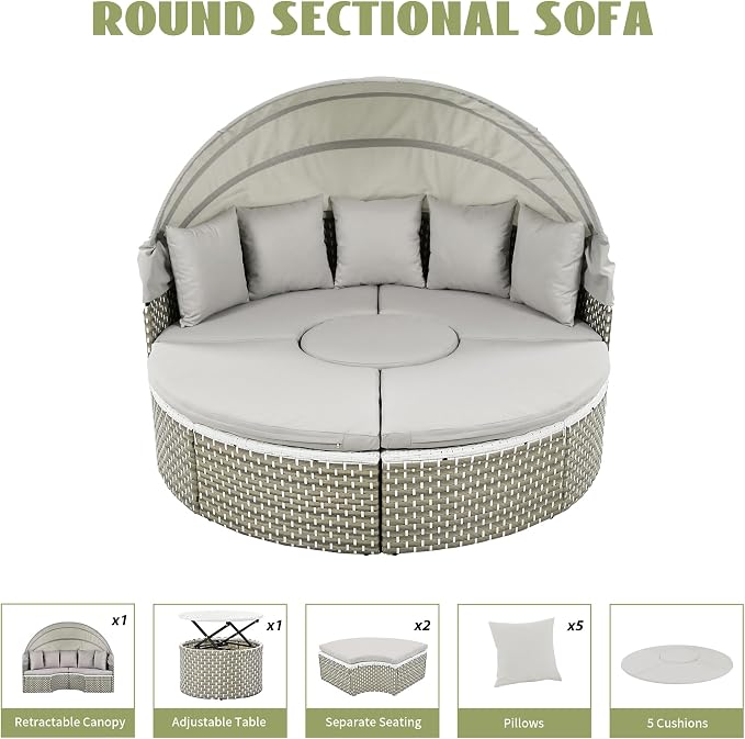 Merax Patio Furniture Round Outdoor Sectional Sofa Set, Rattan Daybed Two-Tone - Image 3