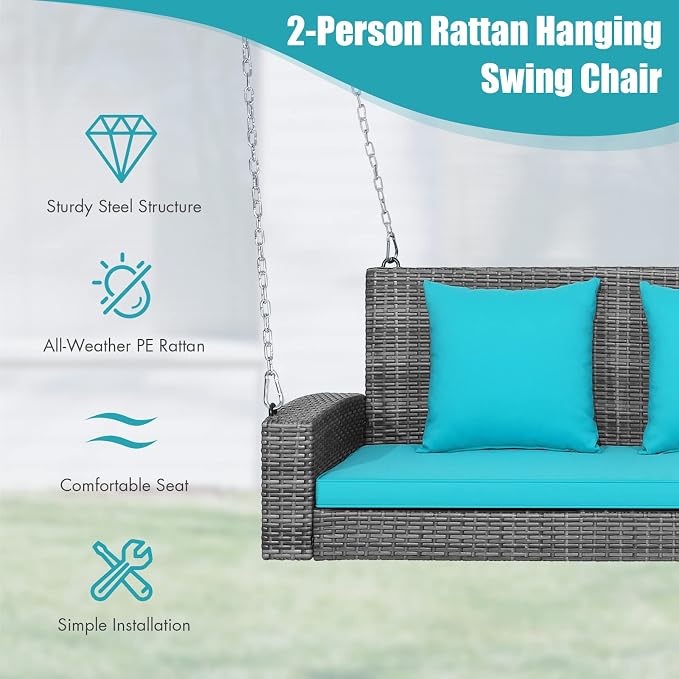 DORTALA Hanging Porch Swing, 2-Person Outdoor Wicker Swing Chair Bench - Image 5