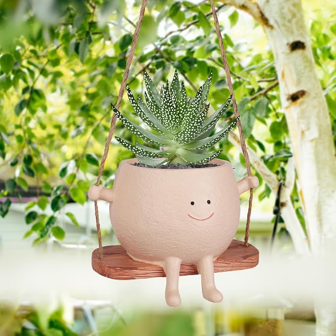 AFFLAT Smiley Face Flower Pot, Swinging Hanging Planter, Resin Smiley Face - Image 7