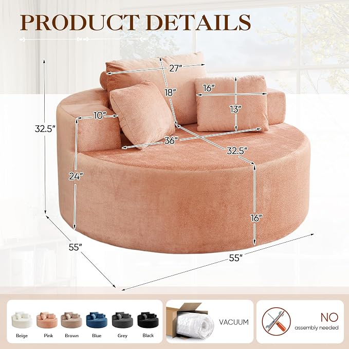Antetek Oversized Round Chaise Longue Chair Indoor, Modern 55-inch Upholstered - Image 2