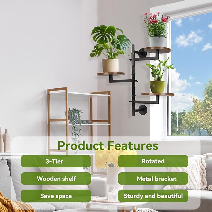 Wooden Rotatable Window Sill Plant Stand, 3 Tier Wall Plant Holder, 180 Degree - Image 6
