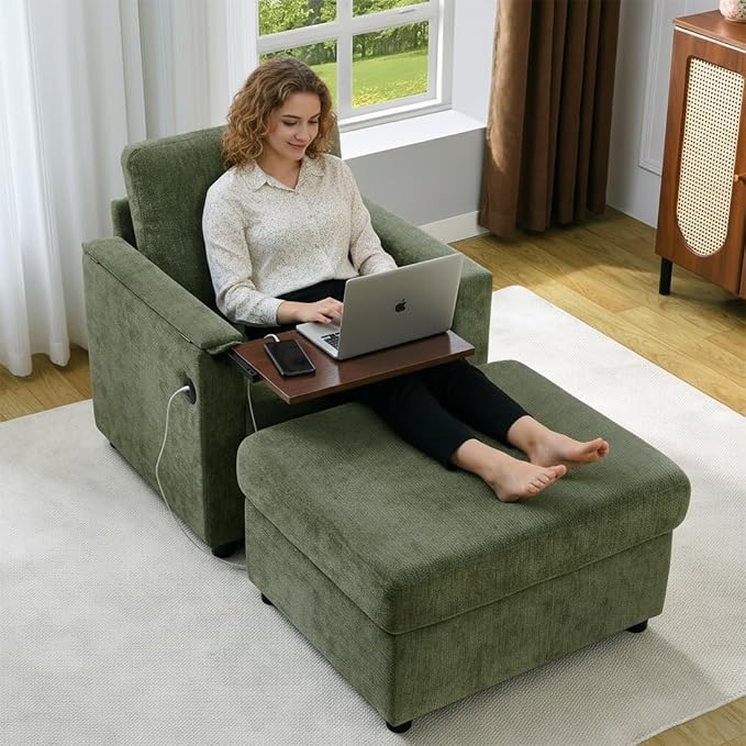 Modern Accent Chairs with Storage Ottoman Set, Chenille Reading Armchair with - Image 6
