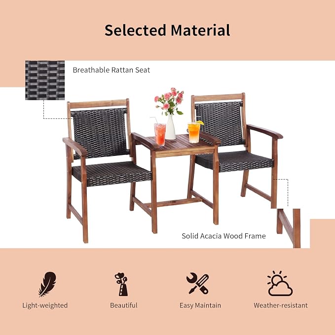 Tangkula Acacia Wood Garden Bench, Patiojoy Rattan Companion Loveseat Chair - Image 7