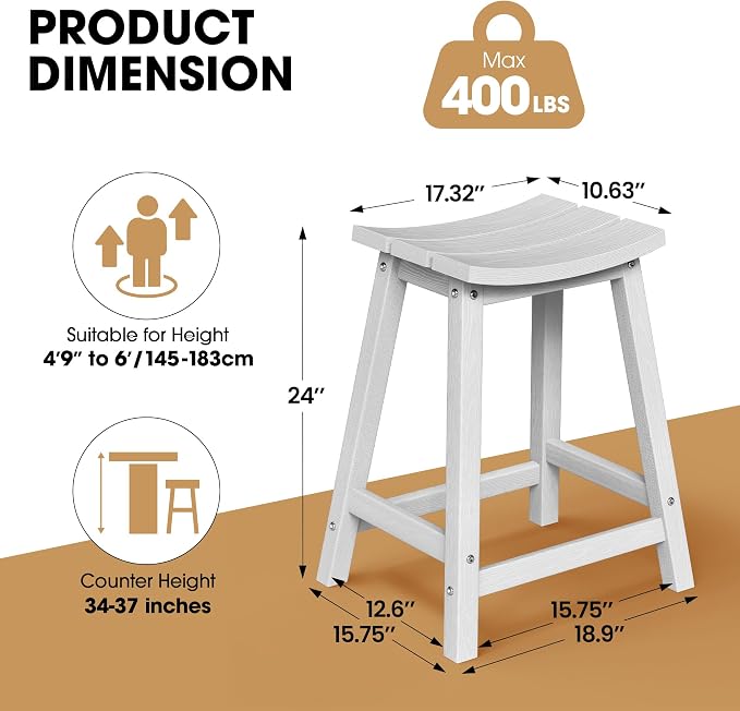 Ciokea 2 Set 24" Outdoor Bar Stools Heavy Duty HDPE Counter Height Bar Stools - Image 2