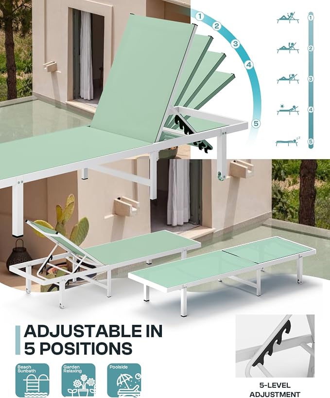 Lounge Chair Outdoor with Wheels, Aluminum Patio Chaise Lounge Chair with 5 - Image 4