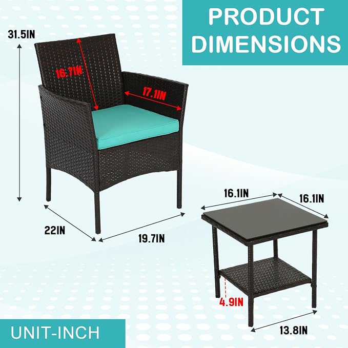 FDW 3 Piece Outdoor Furniture Set Patio Brown Wicker Chairs Furniture Bistro - Image 2