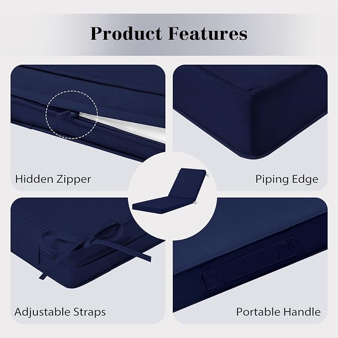 Chaise Lounge Cushions Outdoor, 4 Adjustable Ties Lounge Chair Cushions - Image 3