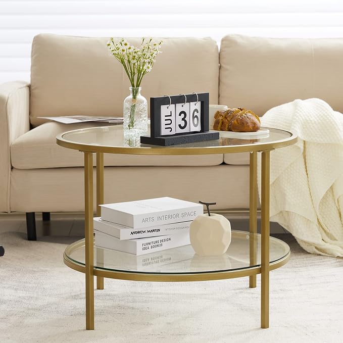 VINGLI Glass Coffee Table, 25.6" Round Champagne Gold Coffee Tables - Image 3