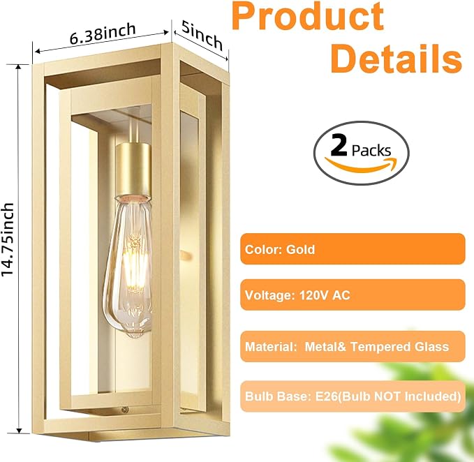 15" Large Gold Outdoor Light Fixture Wall Mount, 2 Pack Waterproof Outdoor - Image 2