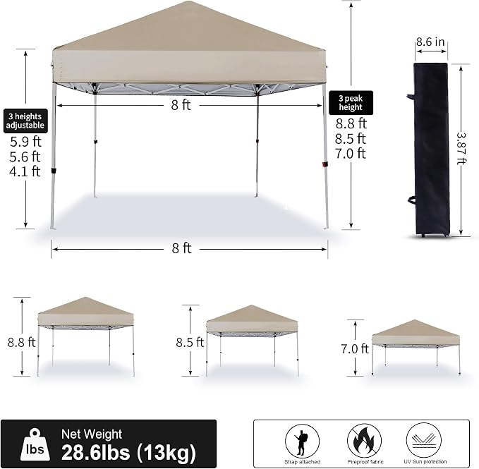Canopy Tent 8X8 FT, Instant Pop Up Shelter w/Carry Bag, 4 Ropes, Adjustable - Image 2