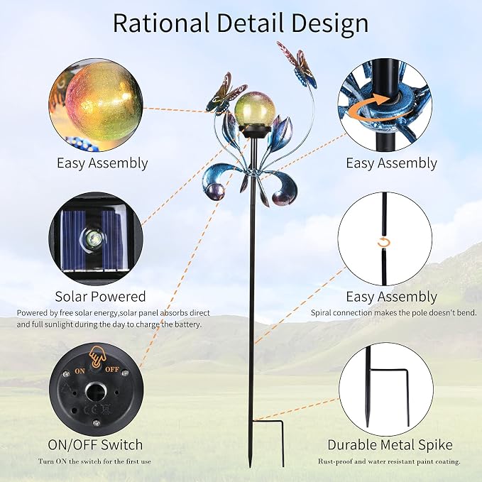VCUTEKA Solar Lights Outdoor Metal Garden Stake Waterproof Crackle Glass Globe - Image 6