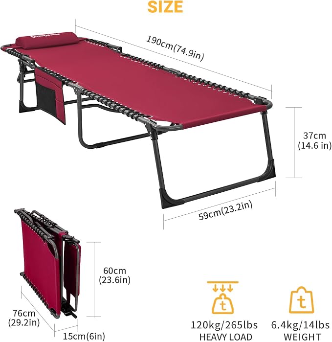 KingCamp Portable Folding Camping Cot Adjustable 4-Position Patio Reclining - Image 2