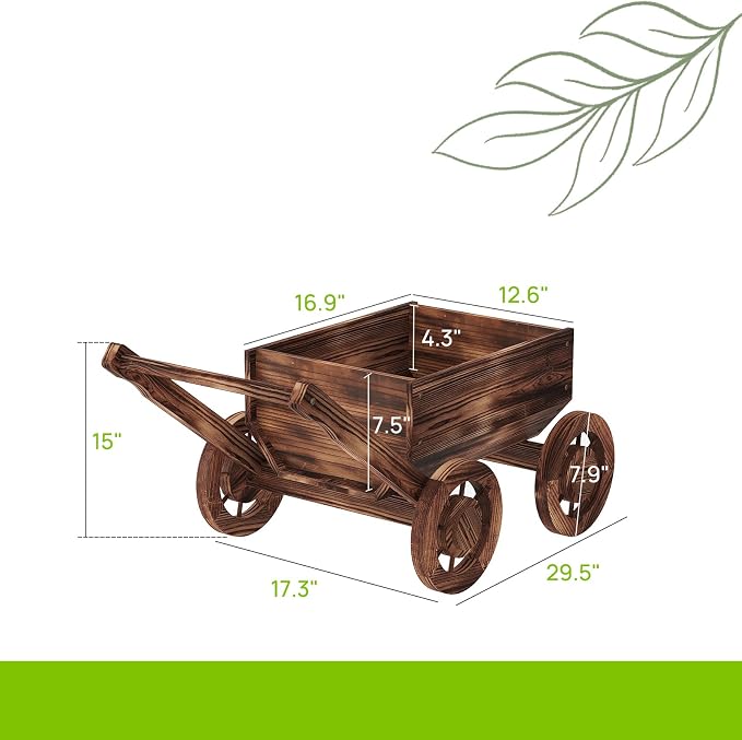 Wooden Flower Cart with Wheels Wooden Wagon Planter Outdoor Garden Planter - Image 3
