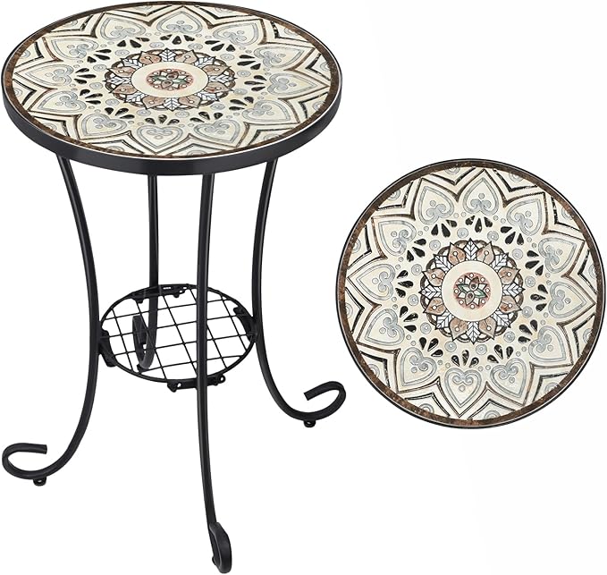 VCUTEKA Outdoor Side Table Mosaic Patio Table Accent Tables Mosaic Tile Top by VCUTEKA
